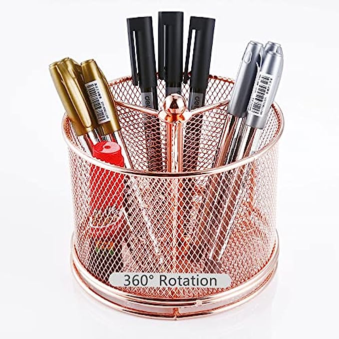 Pen Holder For Desk-360 Degree Rotating Multi Functional Pen Holder-Pencil Holder-Pen Organizer-Mesh Pen Organizer -Pen Storage For Desktop-Office School Home Pen Cup（Rose Gold）