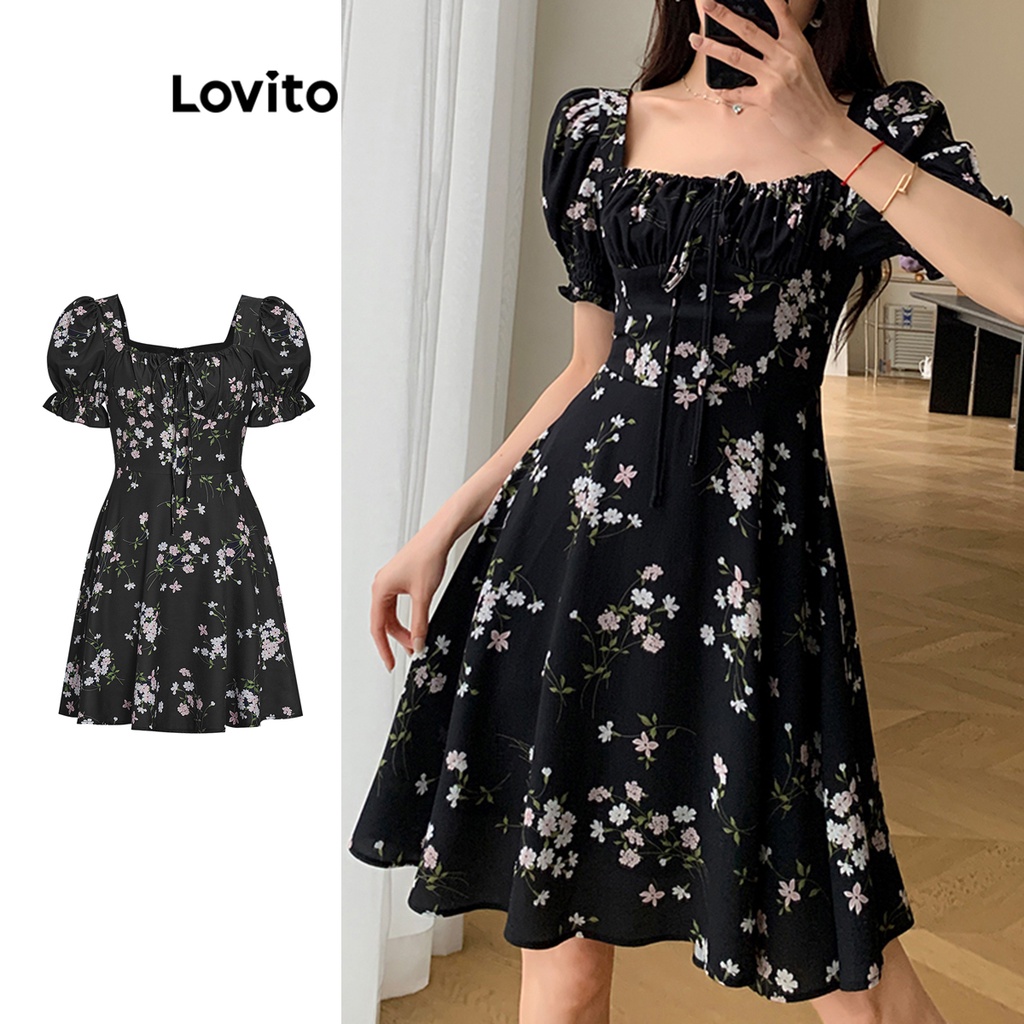 Lovito Casual Ditsy Floral Lace Up Dress for Women L68ED190 (Black)
